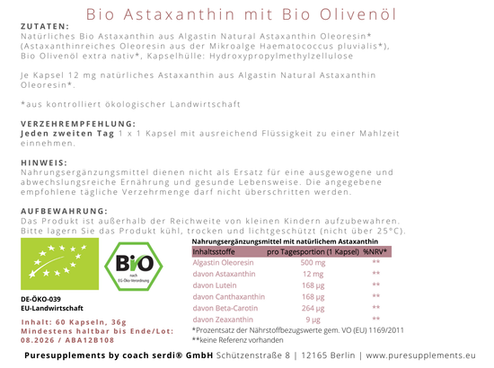 Premium Bio Astaxanthin 12mg mit Bio Olivenöl aus Spitzenanbau Europa (Extra Stark, Hochdosiert, Vollspektrum Komplex, vegan, Kaltpressung nativ, +Zeaxanthin & Beta-Carotin, 60 Kapseln)