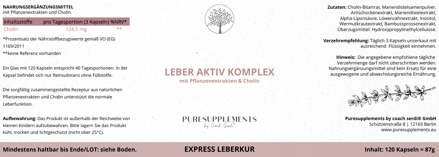 Express Leberkur Komplex aus Pflanzenextrakten mit Cholin (Leber Aktiv, Mariendistelsamen, Artischockenextrakt, Löwenzahnextrakt, Wermutkrautextrakt, Bambussprossenextrakt, 120 Kapseln)