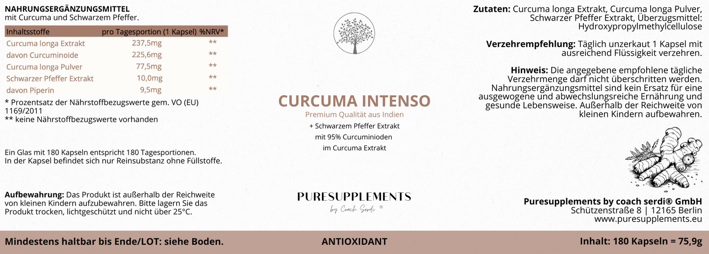 Curcumin Komplex Intenso (Vollspektrum aus longa Curcumaextrakt, Bio longa Kurcuma Pulver & Schwarzer Pfeffer Extrakt, 95% hoher Anteil an Curcuminoide & Piperin, 180 Kapseln)