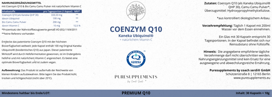 Premium Kaneka Ubiquinol® COENZYM Q10 mit Bio Camu Camu Pulver (Original aus Japan, 100mg bioaktive Form Ubiquinol® Q10 + Bio Vitamin C, 100% pflanzlich, 30 Kapseln)